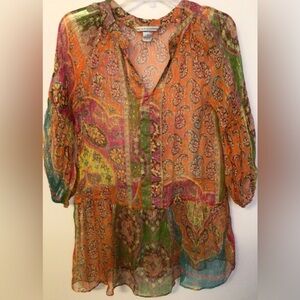 Peter nygard petites orange gold print sheer top size 4